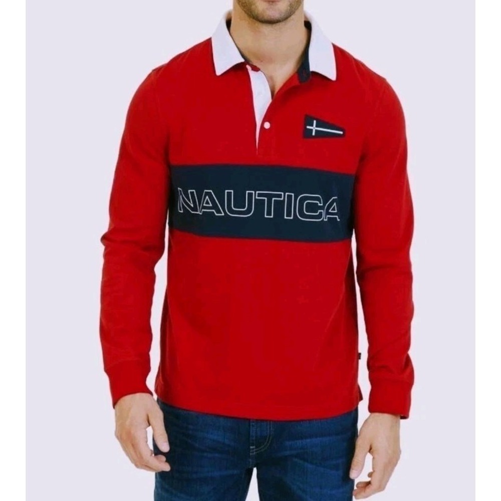 Nautica Classic Fit Rugby Shirt Red Sail Chest Logo Long Sleeve Polo XL